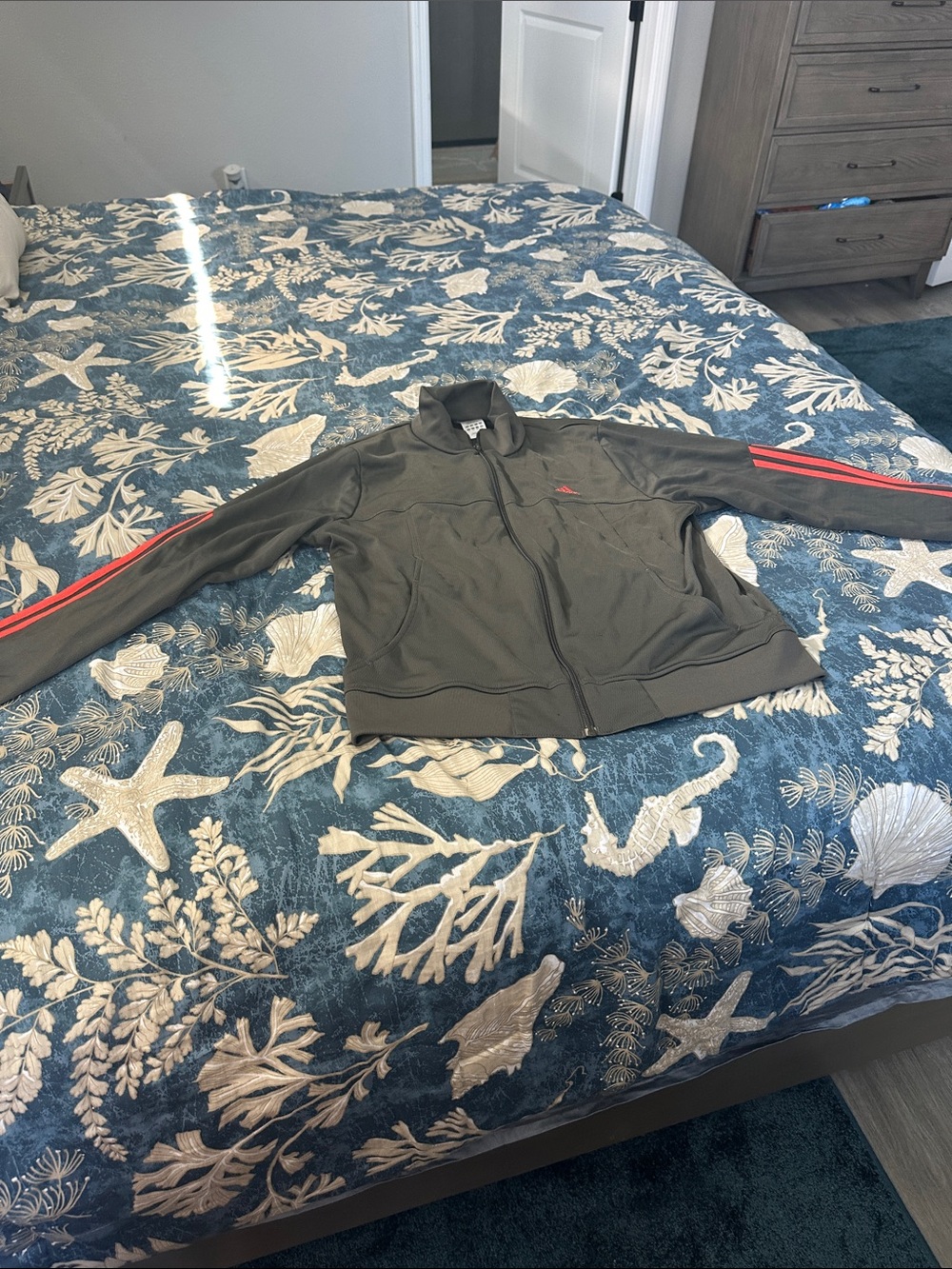 adidas Olive Green Bomber Jacket with Red Sleeve Stripes